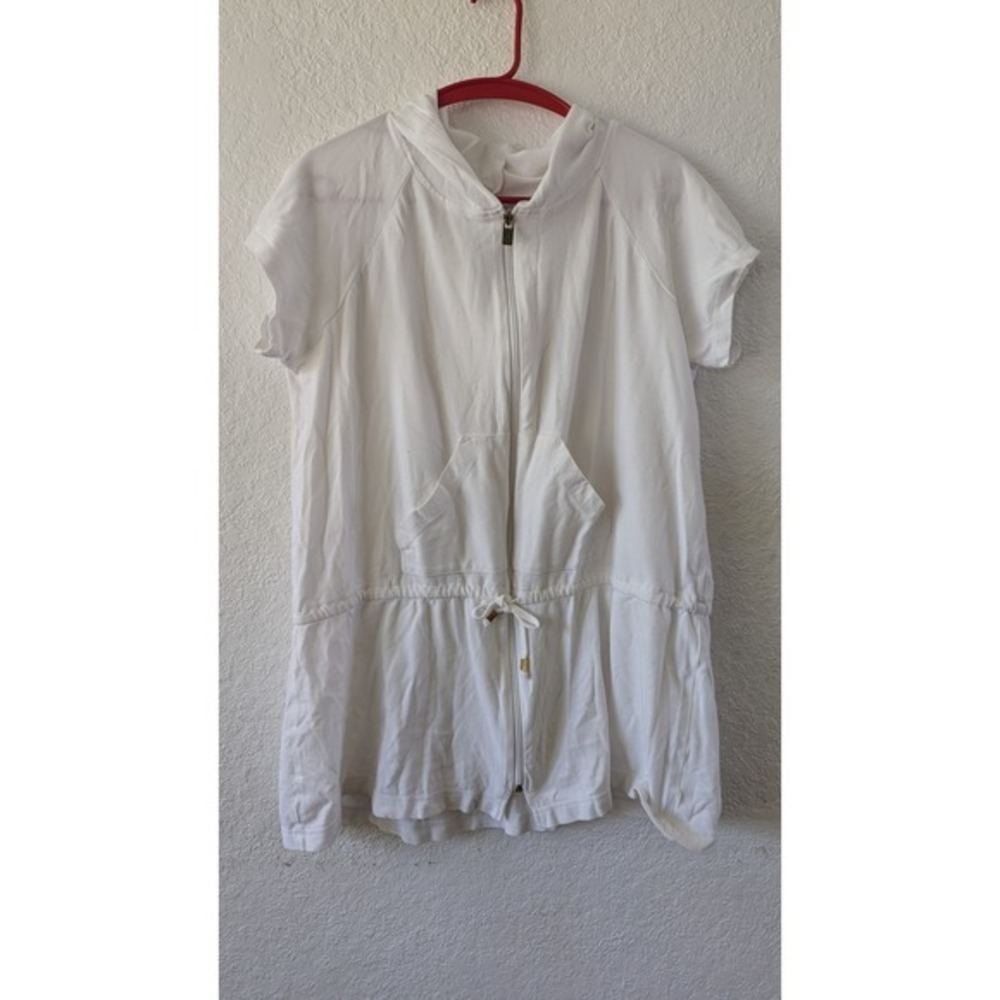 Beach Star‎ Cover-Up Dress Hooded Zip Front Drawstring Waist White L